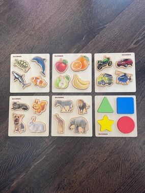 Quokka 6 Wooden Kids Puzzle Set - Colorful Animals, Fruits & Shapes